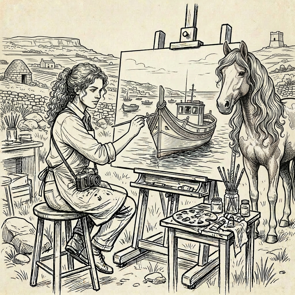 Artist painting horses running on a large canvas in an art studio